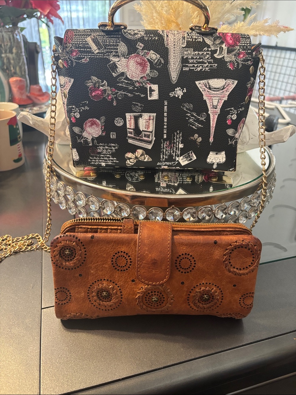 Black Paris Print Top-Handle Crossbody Bag with Gold Hardware - Picture 5 of 12